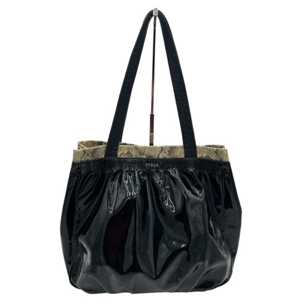 FURLA WOMEN’S BLACK PATENT LEATHER SNAKE EMBOSSED LEATHER TRIM PURSE HAND BAG